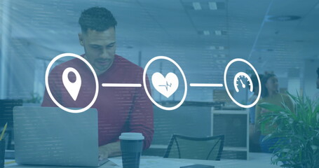 Poster - Image of media icons over biracial casual businessman using laptop in office