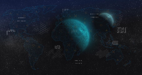 Poster - image of data processing over world map and globes
