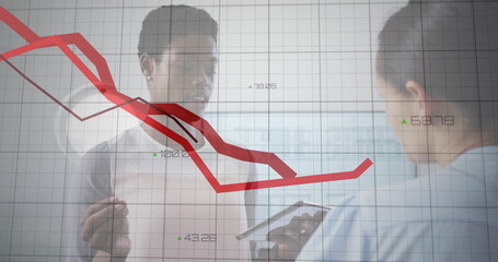 Poster - Image of red lines and financial data processing over diverse business people in office