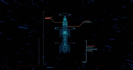 Poster - Image of rocket model with data processing over light trails on black background