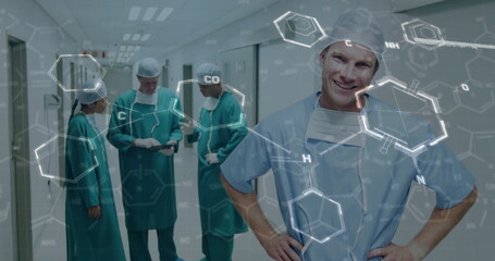 Poster - Image of chemical formula over diverse doctork working in hospital