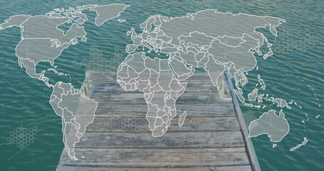 Poster - Image of world map over pier and sea