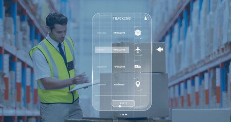 Poster - Image of media icons over caucasian male worker in warehouse