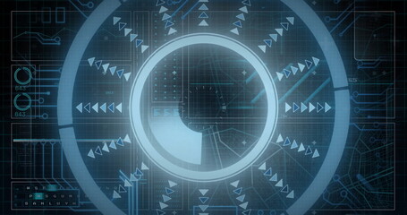 Poster - image of scope scanning over data processing on black background