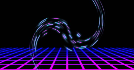 Aufkleber - Image of pink shapes moving and blue squares on black background