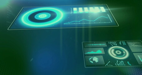 Poster - image of data processing and diagrams over black background