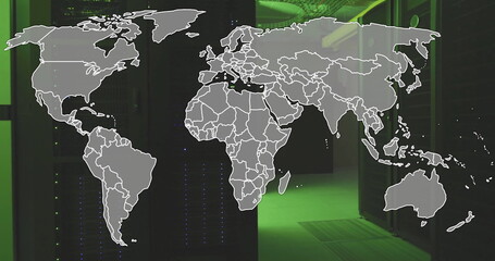 Poster - Image of world map moving over server room