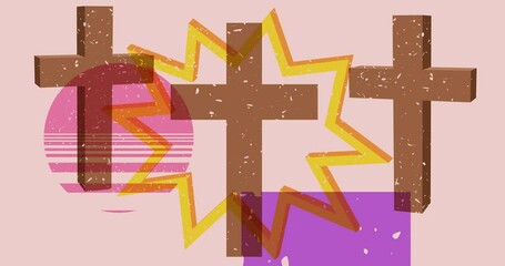 Poster - Risograph Religious Cross with geometric shapes animation. Moving object in trendy riso graph design video.