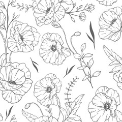 Naklejka na meble Floral seamless pattern. Poppy background. Eco friendly background. Poppy flowers and greenery hand drawn line art design. Elegant seamless background endless pattern minimalist style