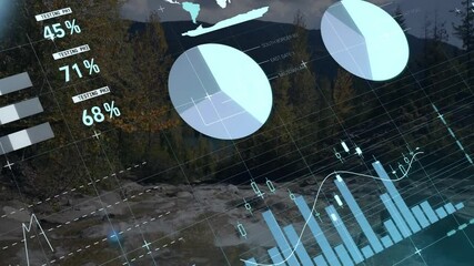 Poster - Data visualization animation over scenic mountain landscape with trees and rocks