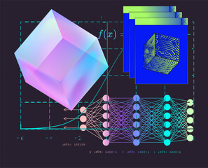 Aufkleber - Colorful abstract illustration of a deep neural network with interconnected layers, graphs, and wave patterns on a black background. It symbolizes machine learning and complex data processing.