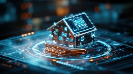 Poster - Unique house design integrated on a circuit board symbolizing the fusion of technology and modern living in urban architecture