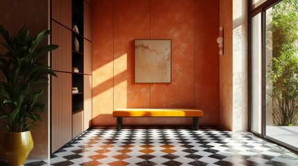 Poster - A modern entrance hall welcomes visitors with its warm terracotta walls and a striking black-and-white tiled floor. Sunlight floods the space, highlighting tasteful decor and a cozy bench