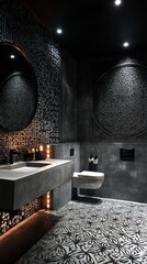 Poster - This stylish bathroom flaunts intricate geometric designs on the walls, creating a striking contrast with the dark tones. Soft lighting enhances the modern decor, offering a tranquil atmosphere