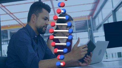 Poster - Collaborating in office, diverse professionals with digital devices, DNA strand animation