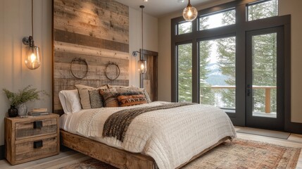 Poster - Nestled in a serene landscape, this stylish bedroom combines Alpine oat bedding with natural wood elements, creating a warm and inviting atmosphere perfect for relaxation