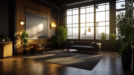Poster - A cozy living room featuring a comfortable couch, decorative pillows, and a green plant for a welcoming atmosphere
