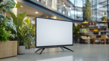 Poster - High-definition tv screen displaying a clear image on a stylish table in a modern living room setting for entertainment