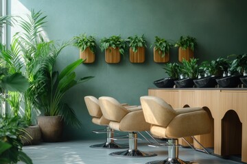 Poster - A salon featuring stylish chairs with lush green plants in the background, creating a vibrant and inviting atmosphere.A tranquil ambiance of a luxury hair spa with lush plants and calming music .