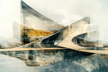 Poster - futuristic architectural design in double exposure . a digital painting depicting a uniquely curved 