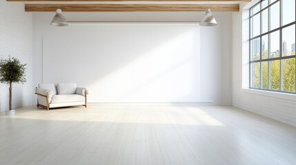 Poster - Stylish living room with a comfortable couch and a large window allowing natural light to flood the space