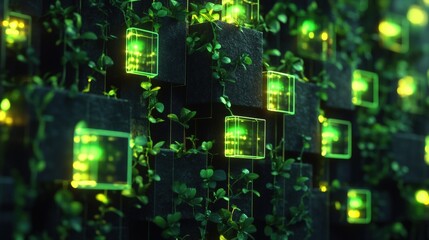 Poster - Lush wall of green plants creating a natural and refreshing atmosphere in a contemporary interior design space