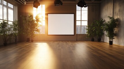 Poster - Spacious room with a large screen displaying content suitable for presentations or entertainment in a modern setting