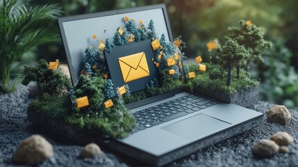 Poster - Laptop displaying a bright yellow envelope on the screen symbolizing digital communication and modern technology