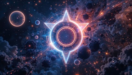 Wall Mural - Glowing Celestial Compass Against a Cosmic Background Filled with Stars and Nebulae