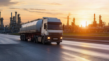 Poster - Tank truck driving along the road near oil refinery at sunset Generative AI