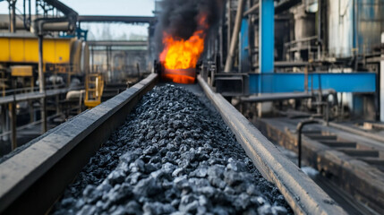 Poster - Belt transports coal to furnace at fossil fuel facility Generative AI