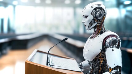 Poster - Robotic presenter delivers speech in a modern conference room with advanced technology