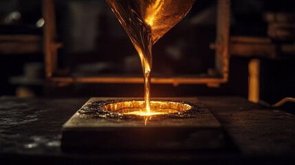 Aufkleber - Gold pouring into a glowing mold during a metalworking process Generative AI