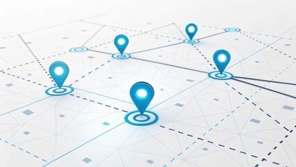 Poster - Connected Destinations: A network of luminous location markers interconnected by intricate lines on a clean, light background, conveying global connectivity and strategic planning