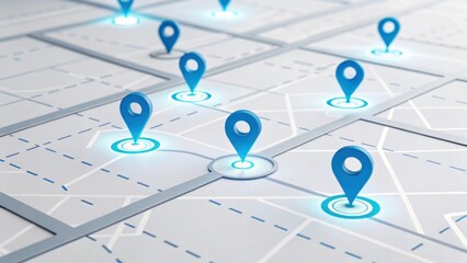 Poster - Digital Navigation: A grid of a map is adorned with several location pins, each emitting a soft, glowing light. This image represents the essence of navigation, location, and the digital world.