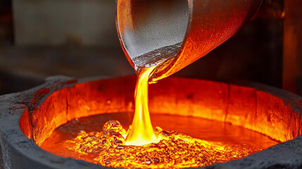 Fototapete - Iron pouring from ladle into melting furnace in foundry Generative AI