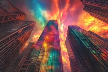 Poster - Skyscraper cityscape against the backdrop of a vibrant rainbow sky .A vibrant city skyline featuring colorful skyscrapers illuminated against the night sky.