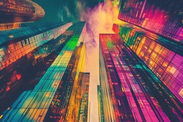 Poster - Skyscraper cityscape against the backdrop of a vibrant rainbow sky .A vibrant city skyline featuring colorful skyscrapers illuminated against the night sky.