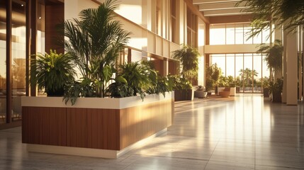 Poster - Contemporary indoor lobby featuring a stylish planter with lush greenery and modern decor in a welcoming atmosphere