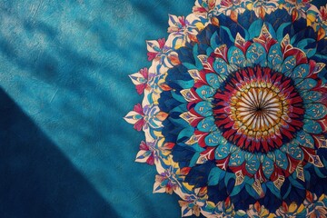 Fototapete - A wall adorned with a delicate pattern of blue and white flowers, creating an elegant and serene atmosphere. An abstract kaleidoscope pattern filling the entire background .