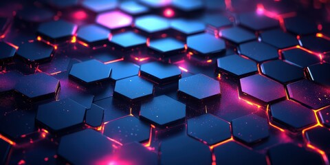 Fototapete - Colorful hexagonal patterns with glowing lights create a mesmerizing visual effect in a digital space