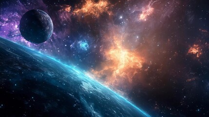 Wall Mural - a planet with a moon and a starry sky. the sky is filled with stars and the planet is surrounded by 