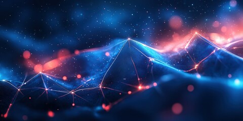 Poster - Abstract depiction of digital waves illuminated by blue and red lights in a cosmic landscape at night