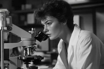 Poster - a woman in a lab coat examines a specimen through a microscope, showcasing her focus and dedication 