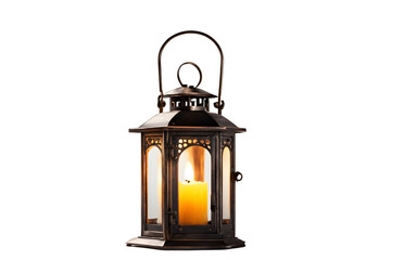 Poster - A vintage metal lantern with a glowing candle inside, isolated on a empty plain background