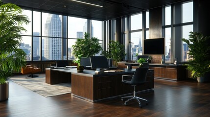 Poster - Stylish modern office interior with floor to ceiling offering a panoramic view of the urban cityscape