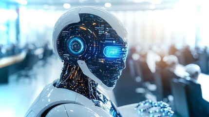 Poster - Advanced AI robot in a modern conference room setting engaging with professionals