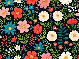 Wall Mural -  Vibrant Floral Pattern on Black Background