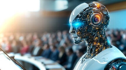 Poster - Robot presents at a conference showcasing advanced AI technology in a modern auditorium