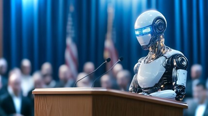 Poster - Robot delivers speech at conference with audience in 4k animated setting
